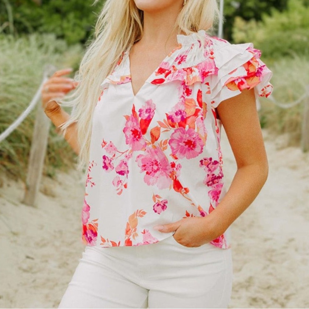 BuddyLove Carla Ruffle Eyelet Top - Mangrove women’s small pink floral (bin DD) - Picture 5 of 11